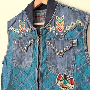 Double D Ranch Western Eagle Thunderbird Plaid Denim Vest Women XL Southwestern